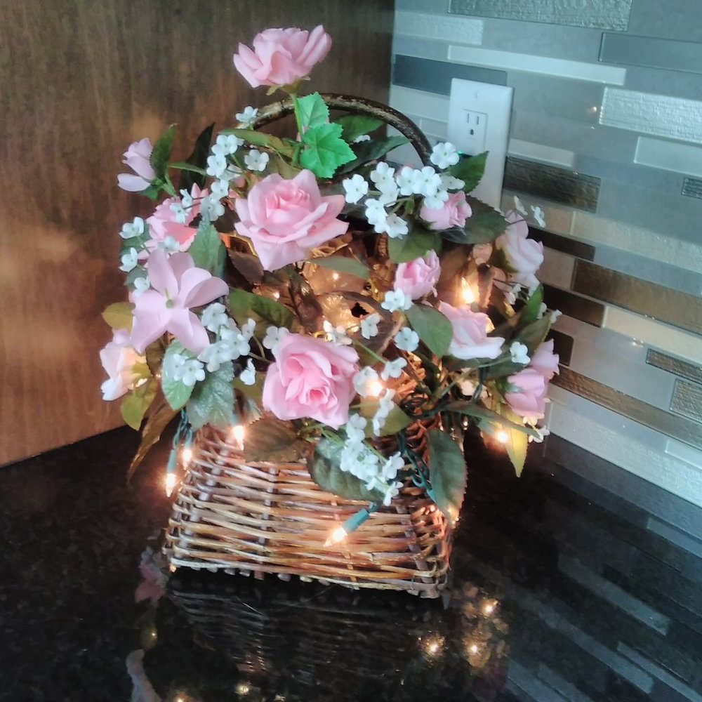 Faux Floral Lighted Basket with Pink Roses